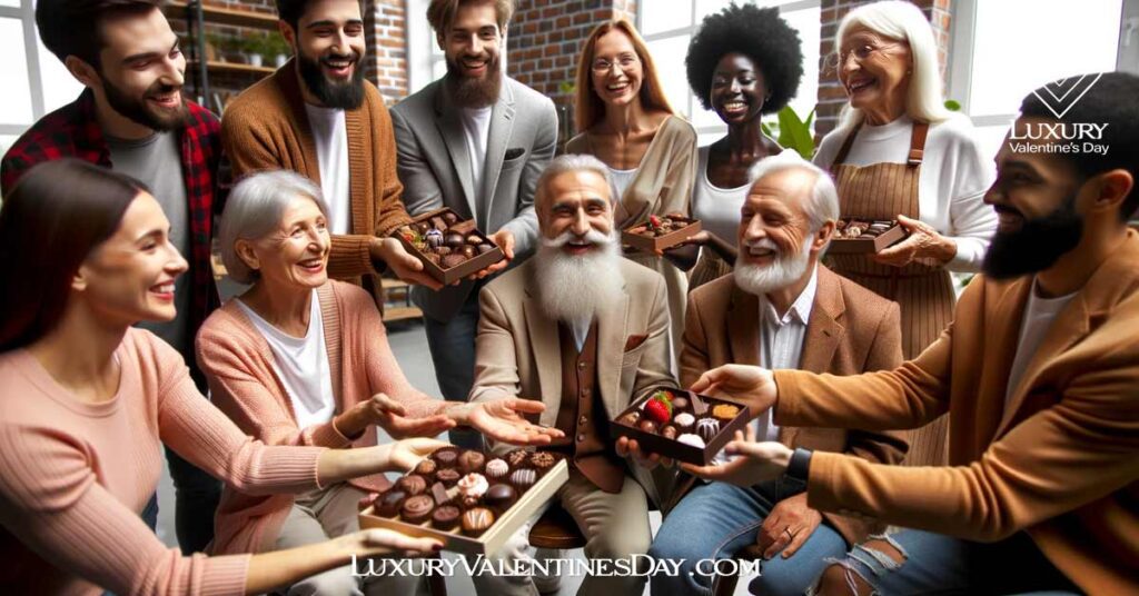 Diverse individuals exchanging artisanal chocolates in a modern setting. | Luxury Valentine's Day