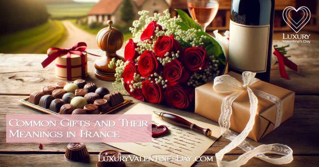 Valentine's Day gifts on wooden table with rustic French countryside background. | Luxury Valentine's