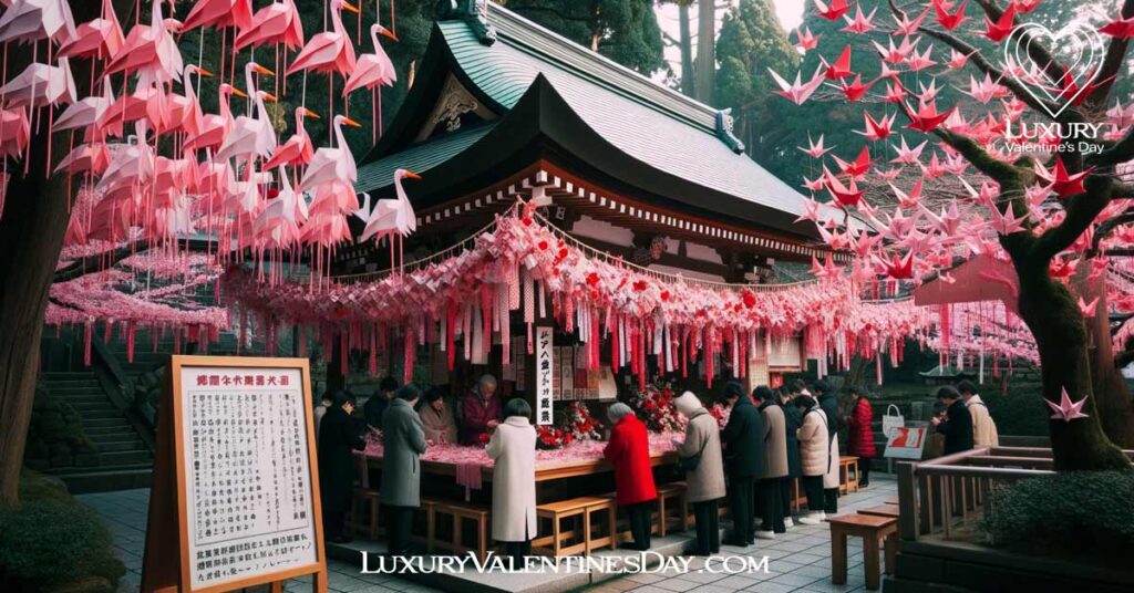 Traditional Japanese shrine with Valentine's Day decorations and paper cranes. | Luxury Valentine's Day