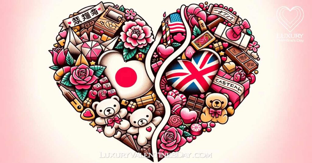Illustration of intertwined hearts representing Japan and the West's Valentine's Day symbols. | Luxury Valentine's Day