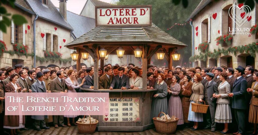 Traditional French Loterie d'Amour event in a village square with wooden booths and heart-shaped decorations. | Luxury Valentine's
