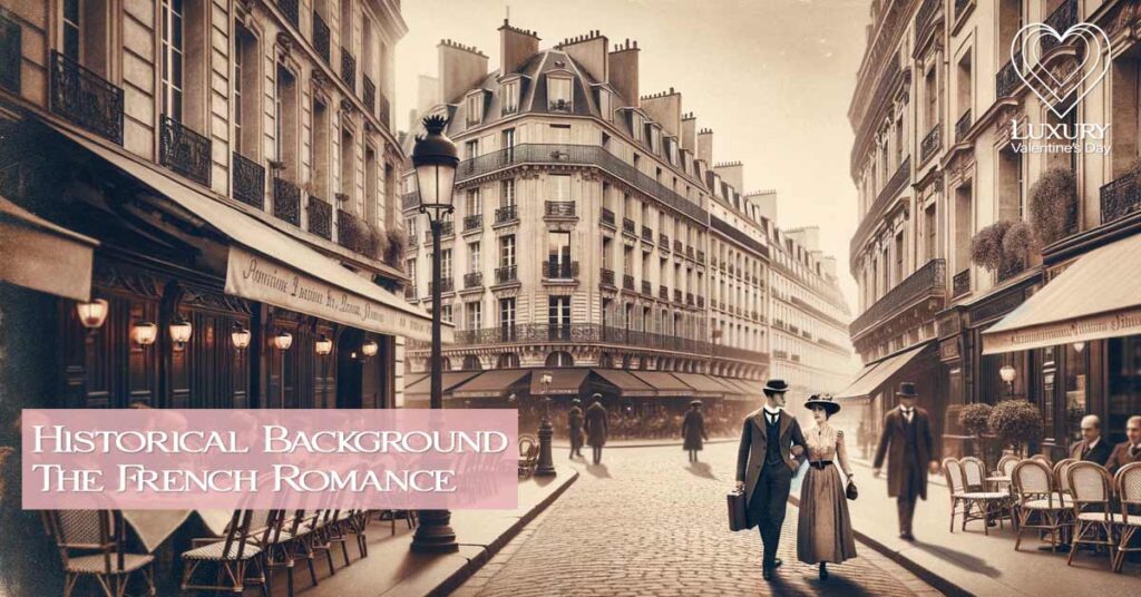 Vintage Parisian street with couples strolling in sepia tones. | Luxury Valentine's
