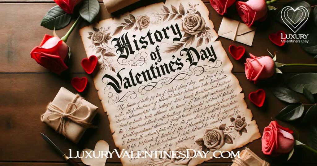 History of Valentine's Day written in gothic writing on parchment