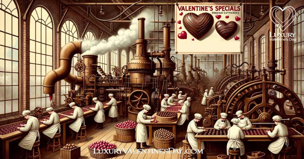 19th-century chocolate factory crafting heart-shaped chocolates. | Luxury Valentine's Day