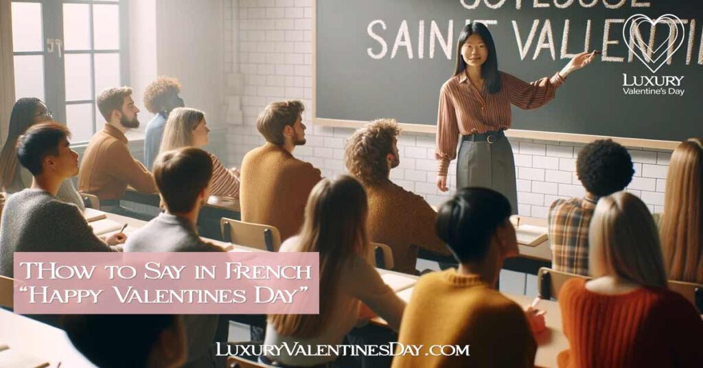 Classroom with students learning 'Joyeuse Saint Valentin' from a teacher with the phrase written on a blackboard. | Luxury Valentine's