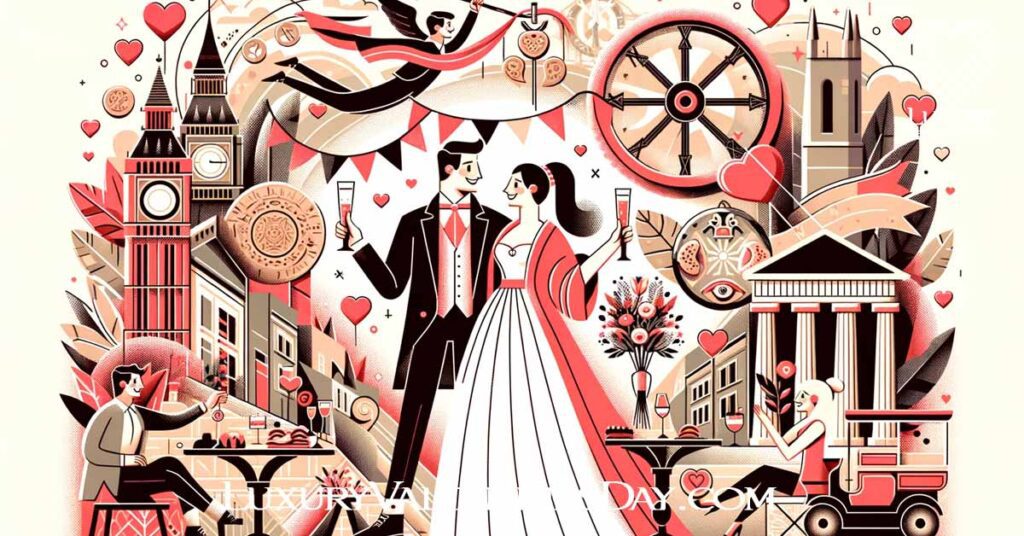 Modern couple amidst historical Valentine symbols