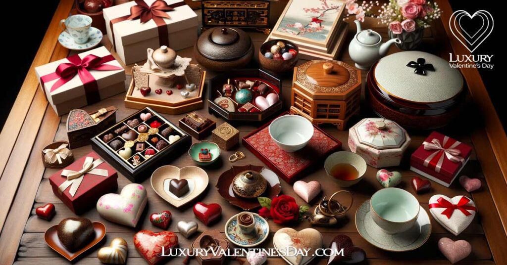 Traditional Japanese table with diverse Valentine's gifts. | Luxury Valentine's Day