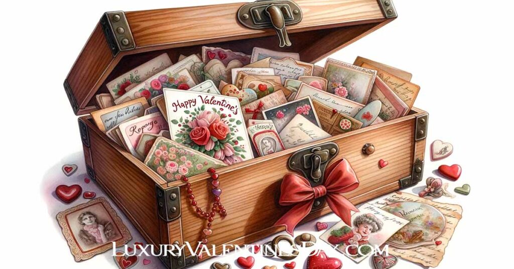 Vintage wooden box with Valentine's Day memorabilia