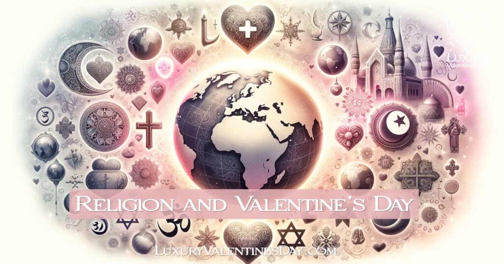 Globe with heart-shaped continents surrounded by religious symbols | Luxury Valentine's Day