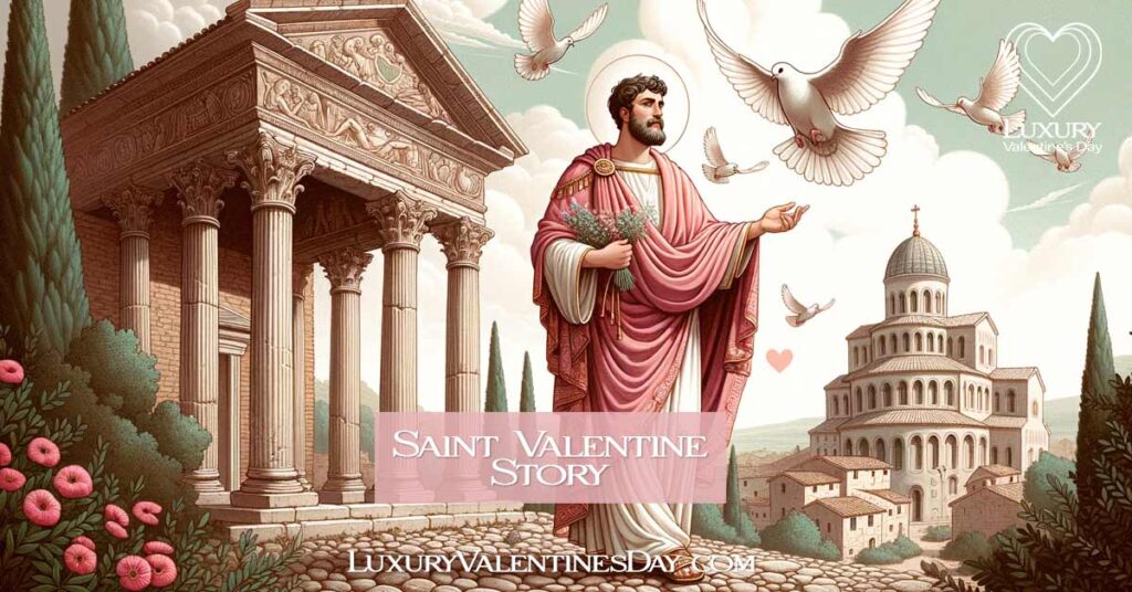 Illustration of St. Valentine in Roman attire near an ancient temple with doves overhead. | Luxury Valentine's Day