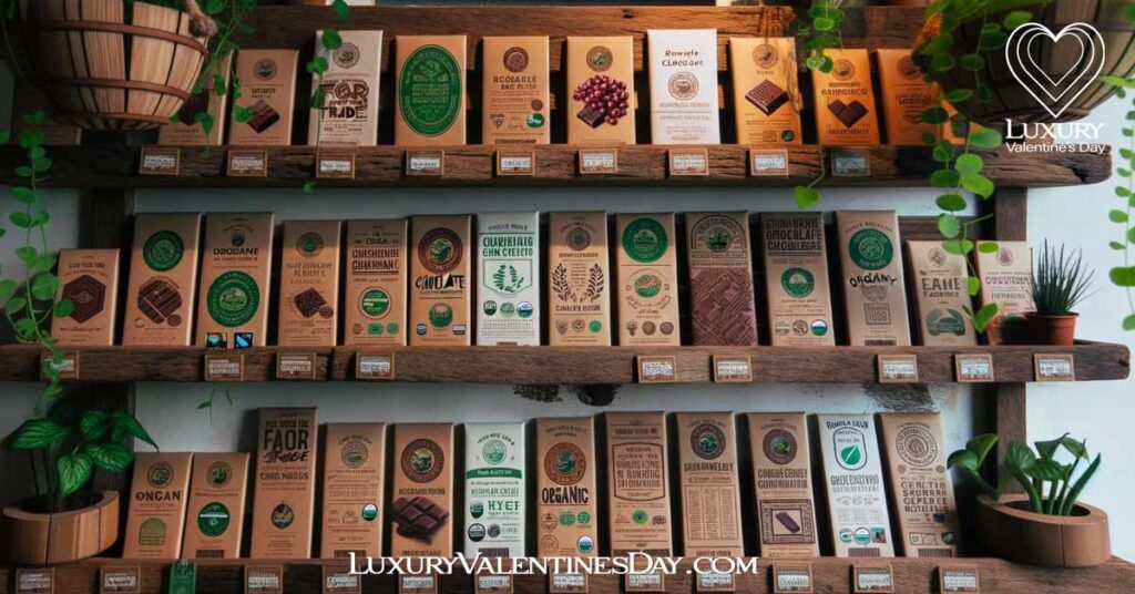 Rustic shelf with eco-friendly chocolate brands. | Luxury Valentine's Day