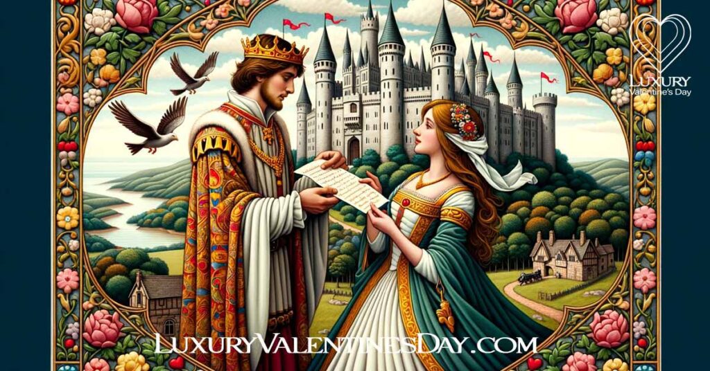 Medieval couple exchanging flowers