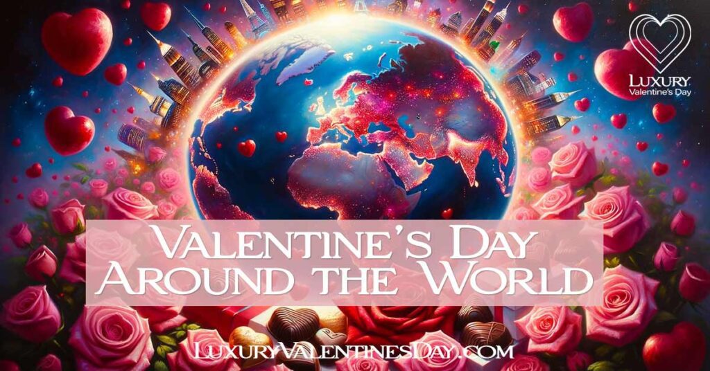 How Valentines Day is Celebrated around the world. Globe Illuminated in Romantic Hues with Roses and Chocolates for Valentine's Day