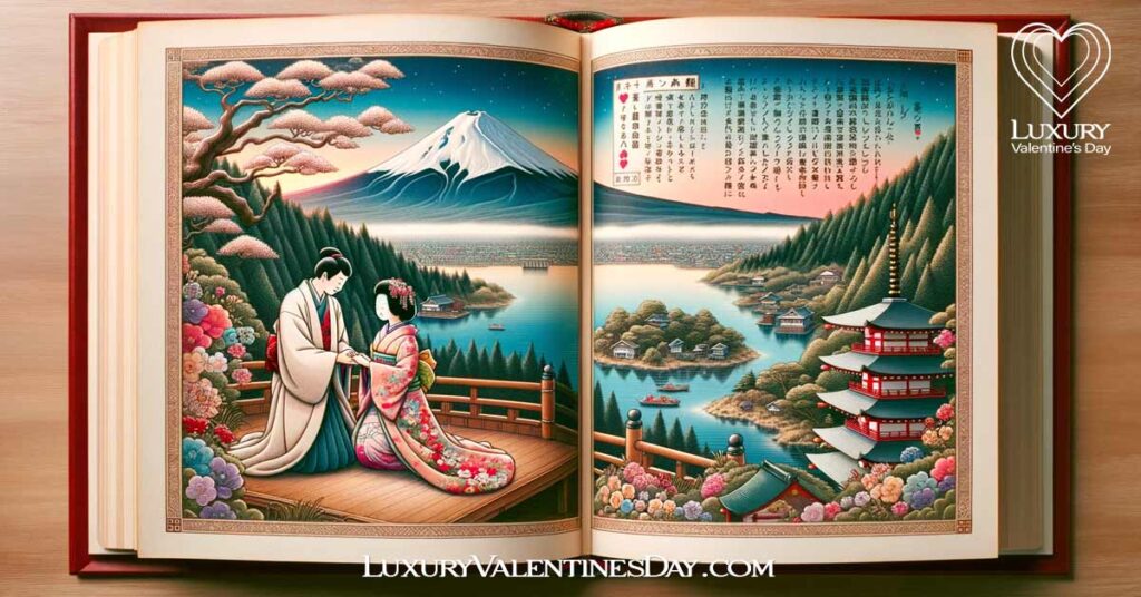 Open Japanese storybook depicting the origins of Valentine's Day with scenic artwork. | Luxury Valentine's Day