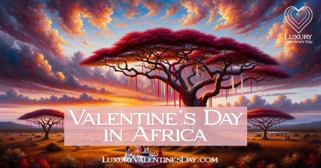 Valentine's Day in Africa. Romantic African Savannah Sunset with Couples Enjoying Valentine's Day Picnics