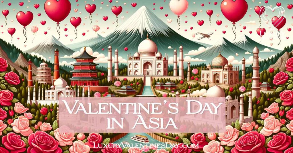 Valentine's Day in Asia. Valentine's Day Decorations Adorning Iconic Asian Landmarks