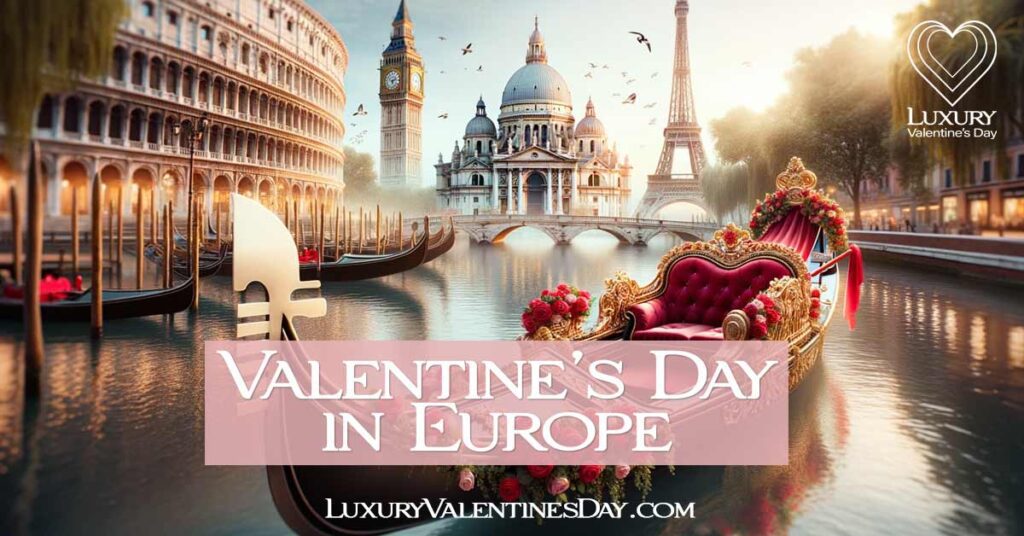 Valentine's Day in Europe. Venetian Gondola Adorned for Valentine's with Iconic European Landmarks in the Background