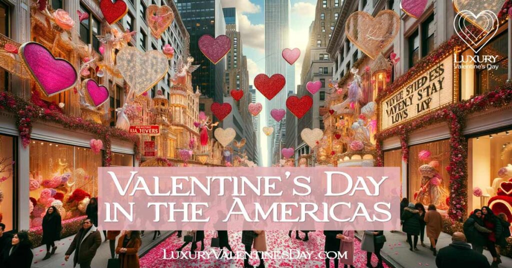 Valentine's Day in the Americas. New York City Street Vibrantly Decorated for Valentine's Day with Heart-shaped Neon Signs