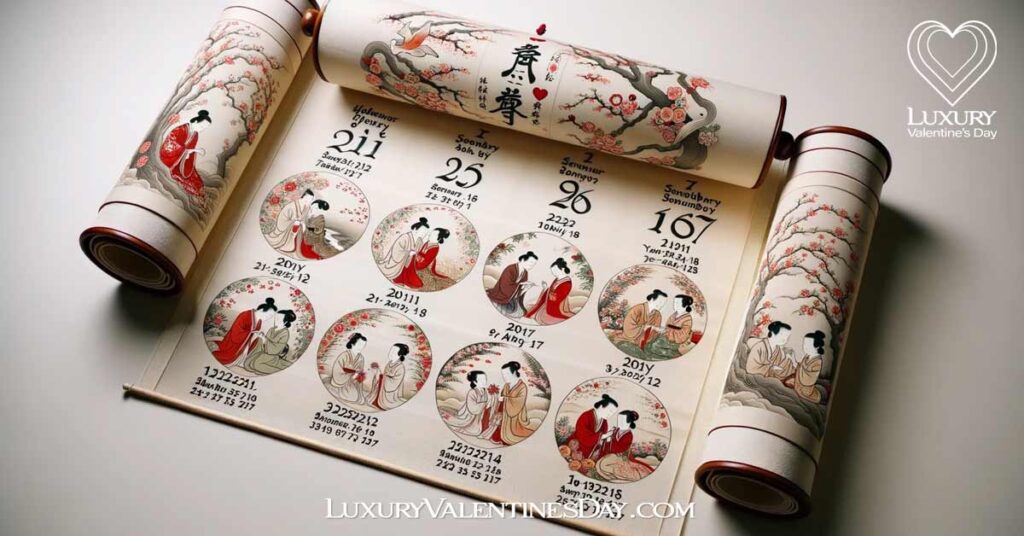 Hand-painted Japanese scroll detailing Valentine's Day celebrations and dates for seven years. | Luxury Valentine's Day