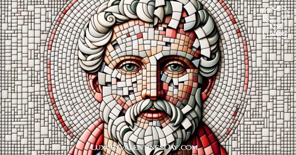 Mosaic of St. Valentine's face with fragmented pieces symbolizing his mysterious identity | Luxury Valentine's Day