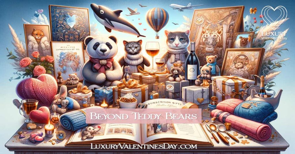 Assorted Valentine's Day gifts including plush animals, handmade items, memory book, experience symbols, charity representation, and subscription boxes. | Luxury Valentine's Day