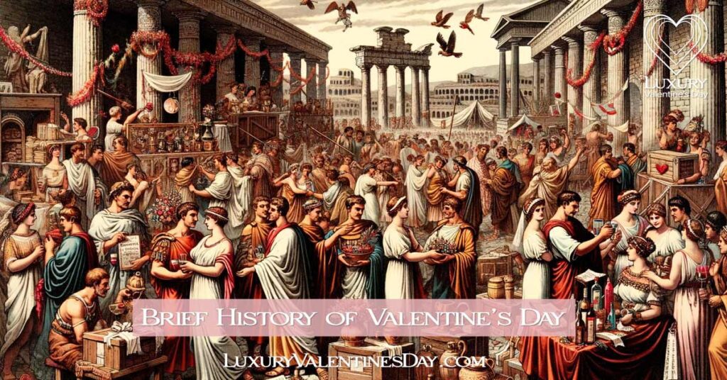 Illustration of ancient Roman festival symbolizing the origins of Valentine's Day, with people in traditional Roman attire exchanging gifts. | Luxury Valentine's Day