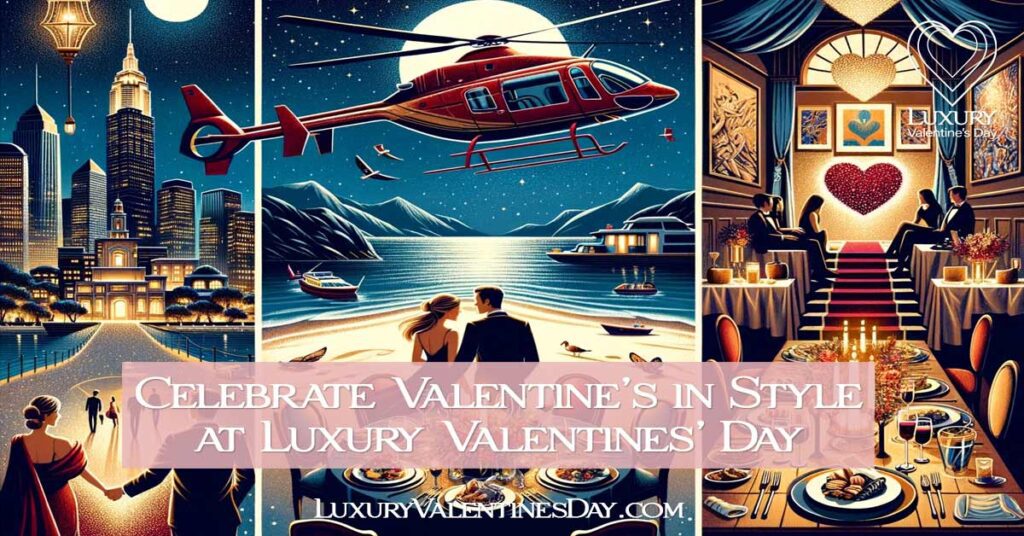 Illustration of diverse luxurious Valentine's Day celebrations including a private helicopter ride, beachside dining, and a black-tie gala. | Luxury Valentine's