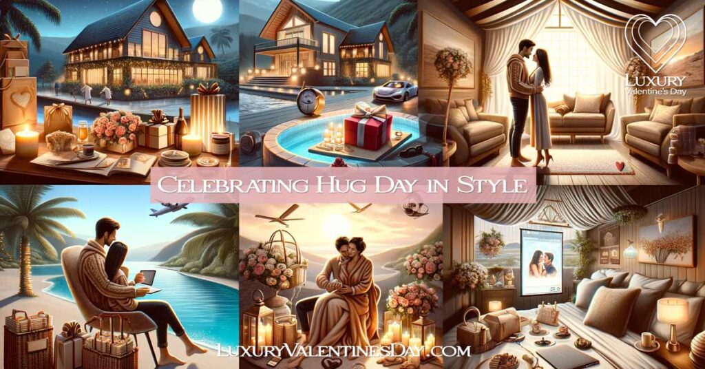 Elegant collage of Hug Day celebrations, featuring luxury gifts, romantic getaways, and cozy home settings. | Luxury Valentine's Day