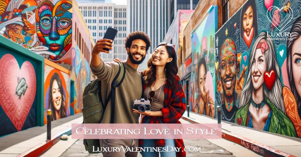 Modern Valentine's Day celebration with a couple appreciating street art in a city, surrounded by vivid murals. | Luxury Valentine's Day