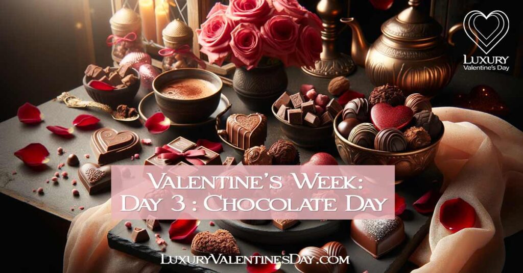 Elegant assortment of chocolate treats celebrating Chocolate Day in Valentine's Week. | Luxury Valentine's Day