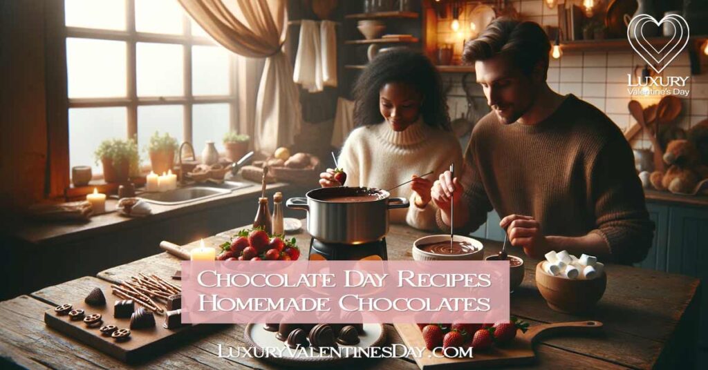 A cozy kitchen scene with a couple preparing chocolate fondue and dipping strawberries into melted chocolate. | Luxury Valentine's Day