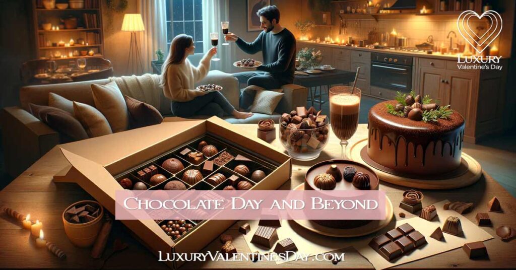 Artisanal chocolates in an opulent subscription box with a couple toasting in a warmly lit home environment. | Luxury Valentine's Day