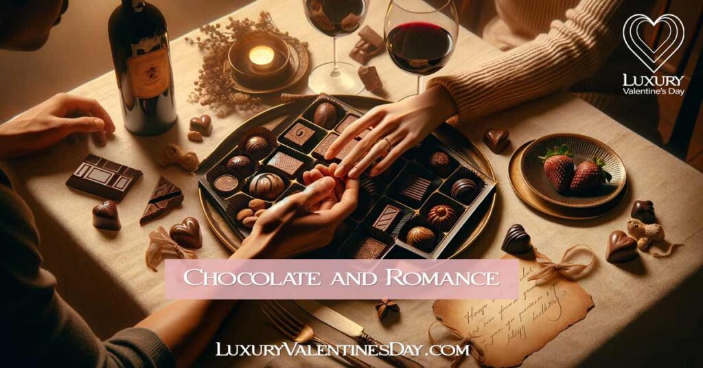 Intimate chocolate tasting setup with wine, featuring a couple's hands and a note of affection. | Luxury Valentine's Day