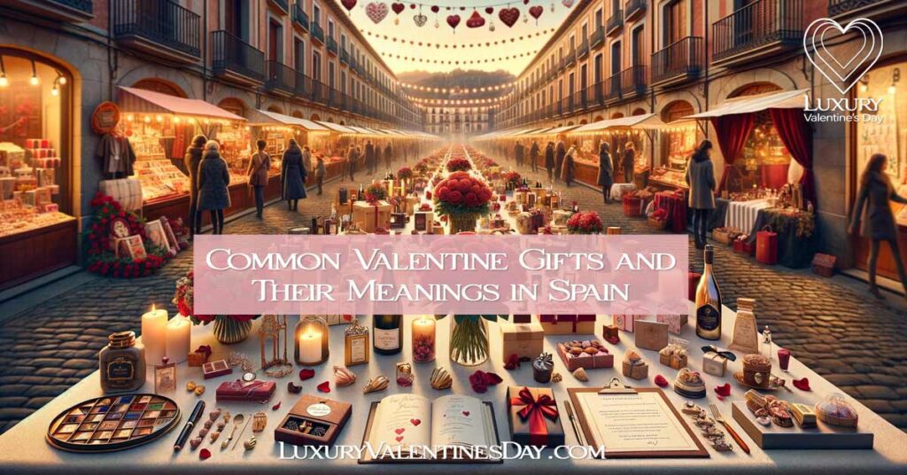 Romantic Valentine's Day scene in Spain with a table of traditional gifts, roses, chocolates, jewelry, and handwritten letters. | Luxury Valentine's Day
