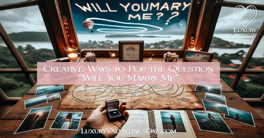 A treasure map leading to a ring box on a table with photos, a hand holding 'Our Love Story' book, 'Will You Marry Me?' in skywriting, and fireworks in the sky. | Luxury Valentine's Day