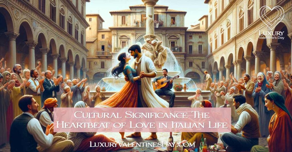 Joyous dance in an Italian piazza with musicians, classic architecture, and a diverse couple. | Luxury Valentine's Day