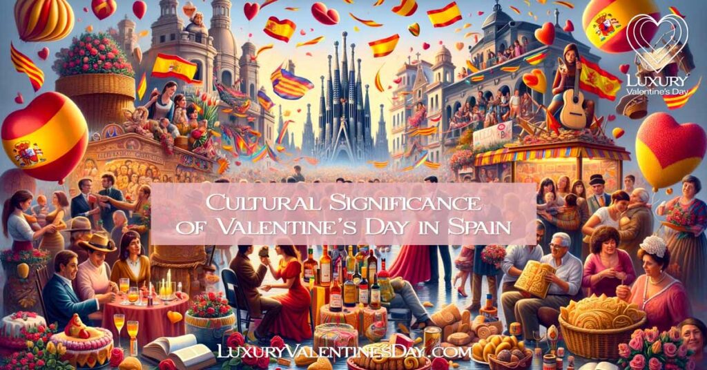 Vibrant celebration of love in Spain, with Sant Jordi Day traditions, San Dionisio's marzipan, and an inclusive mix of people reveling in Valentine's Day festivities. | Luxury Valentine's Day