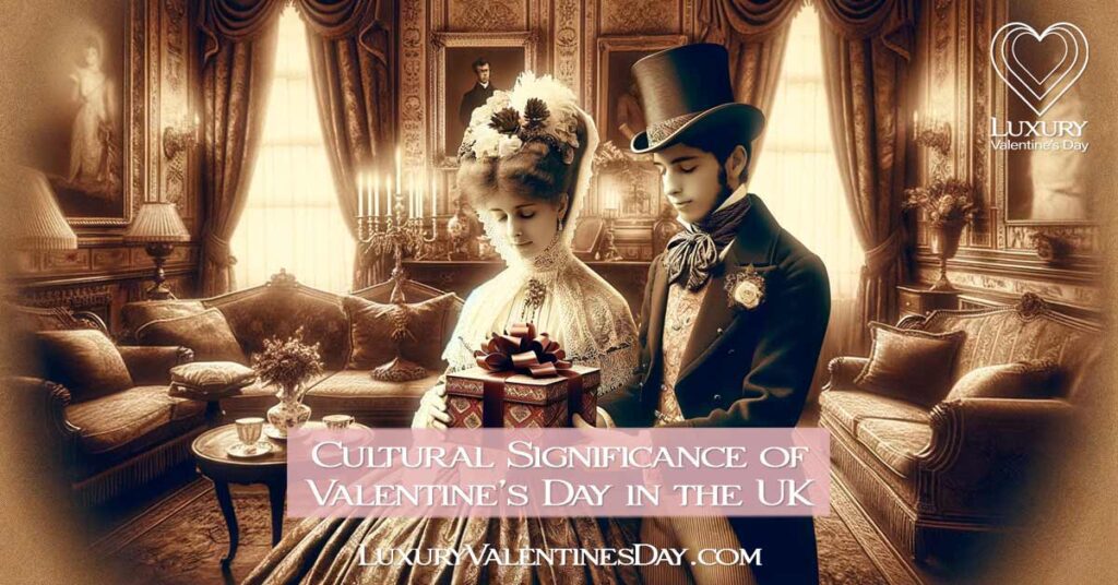 Victorian couple exchanging gifts in a decorated drawing room. | Luxury Valentine's Day
