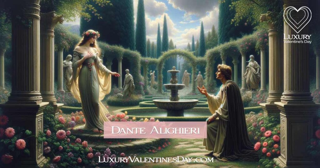Dante Alighieri encountering his muse Beatrice in a medieval garden. | Luxury Valentine's Day