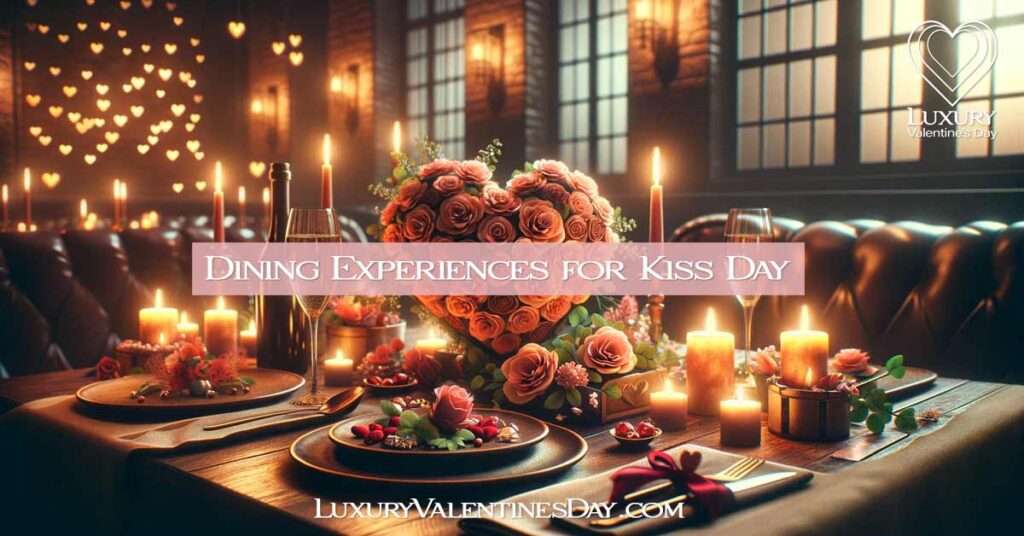 Elegant dining table for two with rich, warm colors, heart-shaped decorations, and candles, creating an intimate and romantic atmosphere. | Luxury Valentine's Day