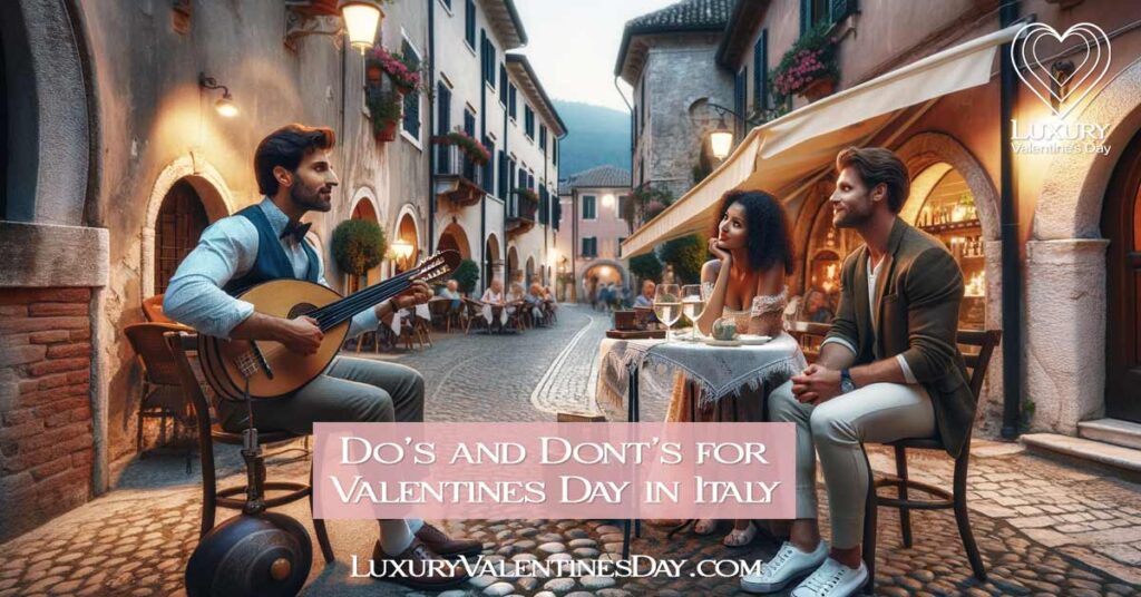 Street musician in an Italian town serenading a couple with a traditional stringed instrument. | Luxury Valentine's Day