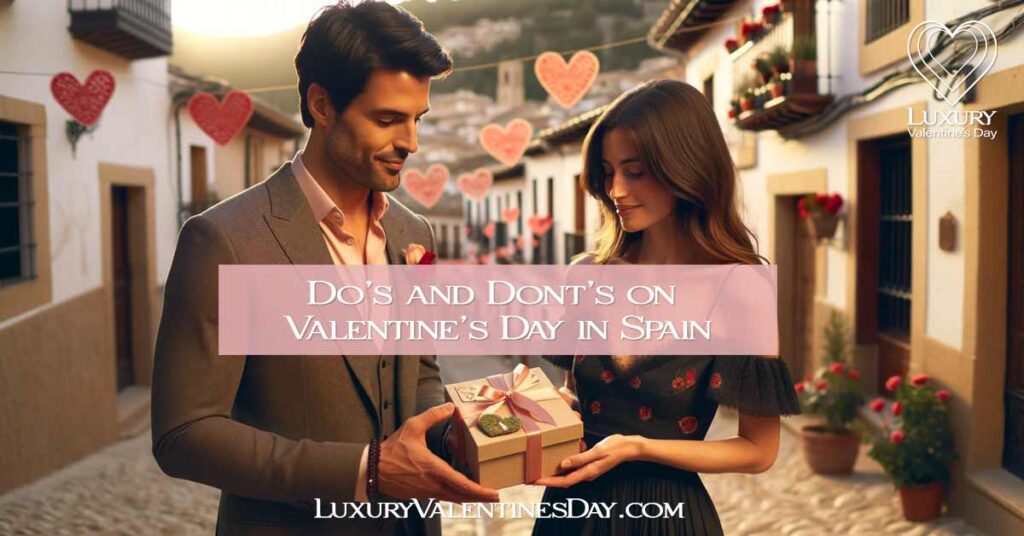 A couple celebrates Valentine's Day in a traditional Spanish village, the man giving a personalized gift to the woman amidst festive decorations. | Luxury Valentine's Day
