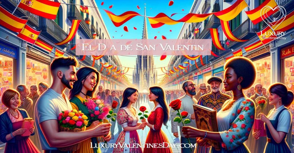 Historical depiction of El Día de San Valentín in Spain, with elements of traditional celebration and symbols of ancient love. | Luxury Valentine's Day