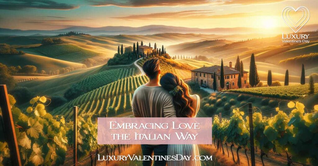 Couple embracing in a Tuscan vineyard at sunset, overlooking rolling hills and cypress trees. | Luxury Valentine's Day