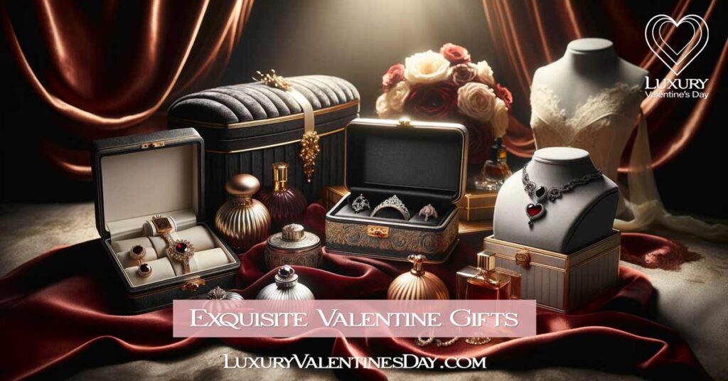 Display of luxury Valentine's Day gifts including fine jewelry, designer fragrances, and a silk scarf on velvet backdrop. | Luxury Valentine's Day