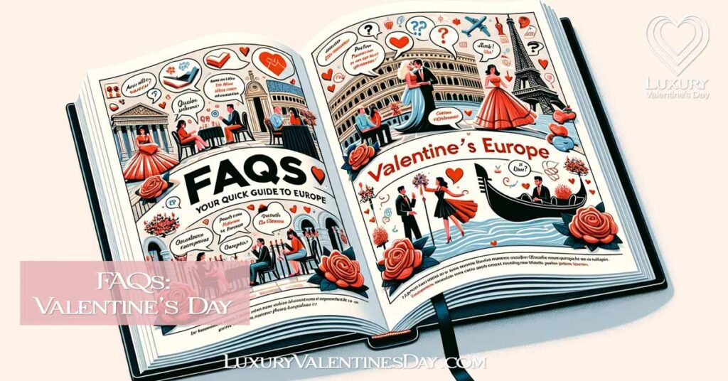 Illustrated guidebook showing snippets of romantic European destinations with FAQs | Luxury Valentine's