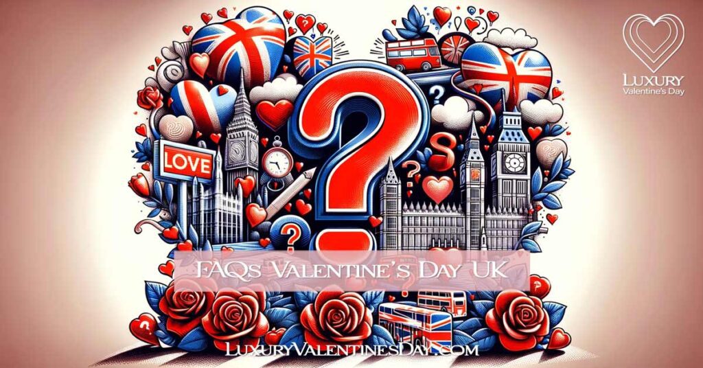 Collection of question marks with symbols of love and British culture. | Luxury Valentine's Day
