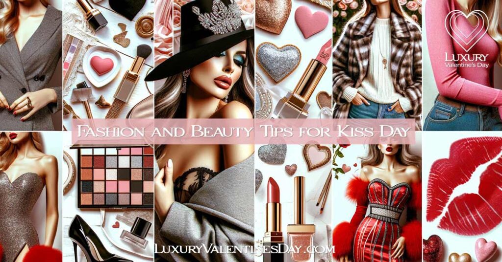 Collage of fashion and beauty elements for Kiss Day, featuring elegant outfits, makeup focused on lips, stylish accessories, with Valentine's Day themes like hearts and roses, showcasing trendy and romantic styles. | Luxury Valentine's Day