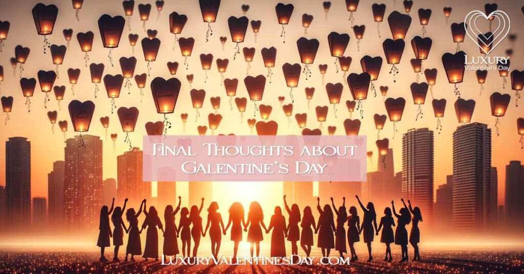 Silhouettes of diverse women celebrating Galentine's Day at sunset with floating lanterns. | Luxury Valentine's
