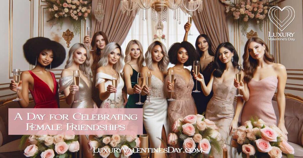 Diverse group of women toasting with champagne in a luxurious setting | Luxury Valentine's